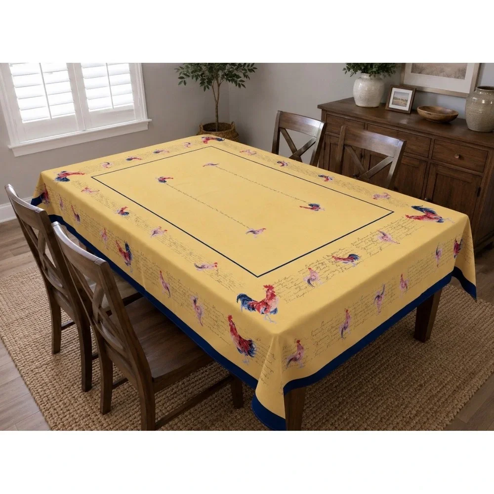 Williams Sonoma French Country Rooster Yellow Navy Script Tablecloth 68x88